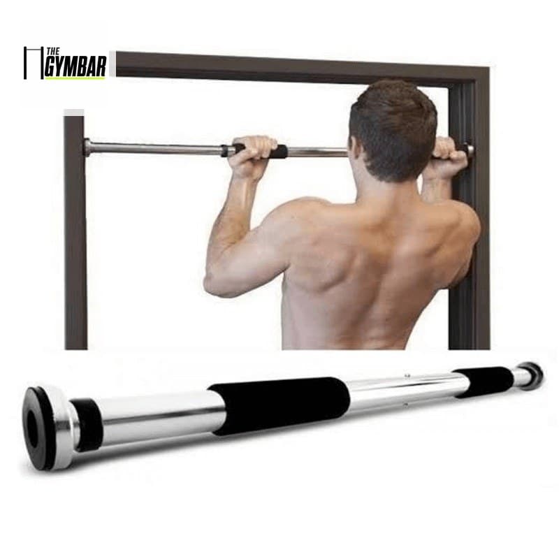Gym Bar Pro in use on door frame plus close-up of adjustable chrome iron pull up bar with strong grip handles